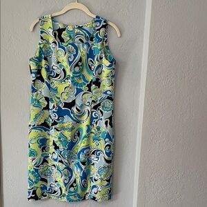 Sleeveless Midi Dress in Blue, Green & White Swirl Print